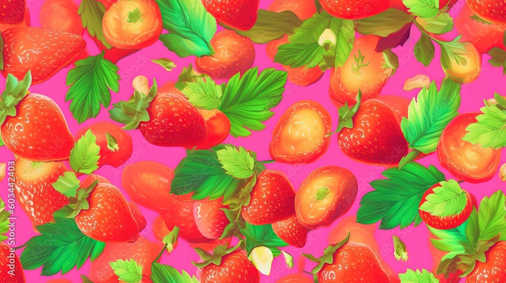 Poster a lot of strawberries and strawberries on a pink background with leaves and berries on the bottom of