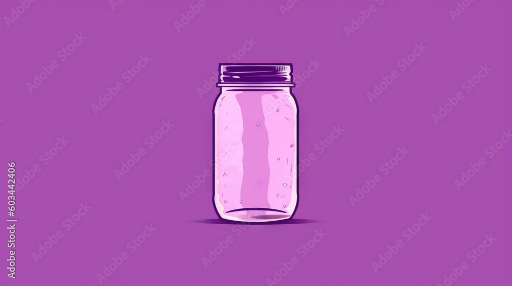 Poster a pink glass jar with the word doll in it on a purple background with a shadow of the jar and a shad