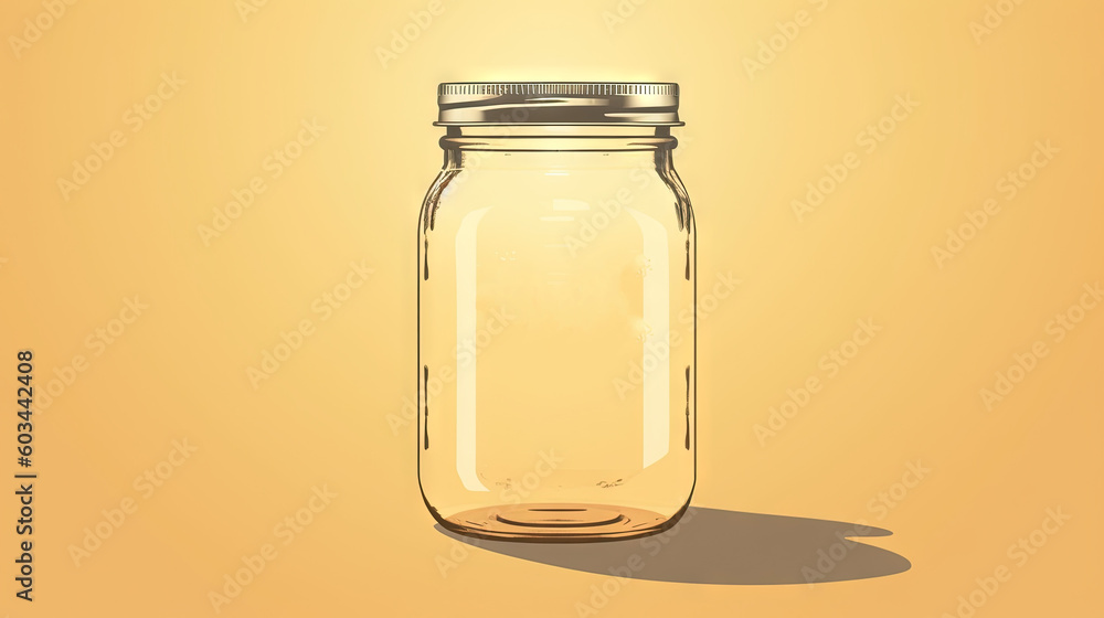 Poster a glass jar with a metal lid on a yellow background with a shadow on the floor and a yellow backgrou