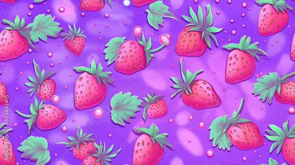Aufkleber a pattern of strawberries and berries on a purple background with drops of water on the bottom of th