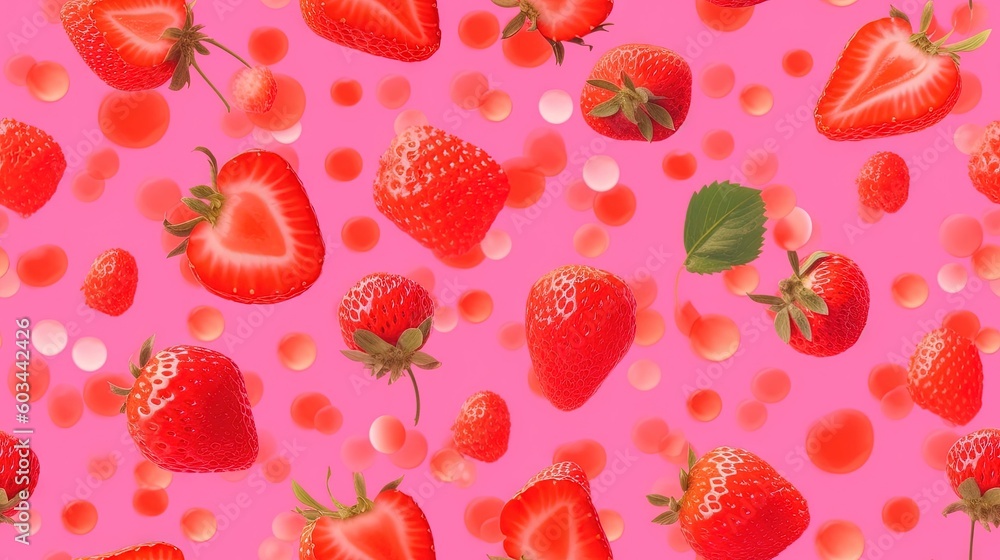 Poster a pink background with strawberries and polka dots on a pink background with red and white polka dot