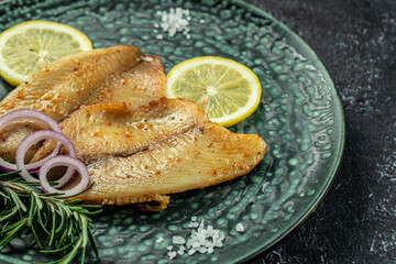 Fried fish fillet. organic healthy products. Detox and clean diet concept. place for text, top view