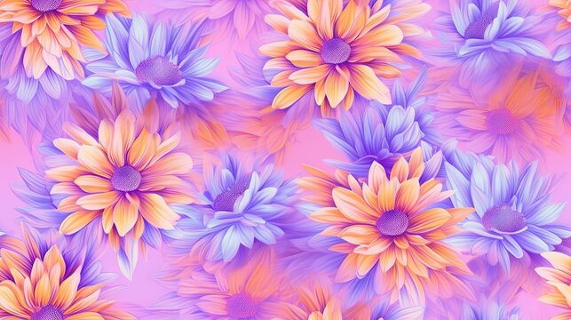 a bunch of flowers that are on a pink background with blue and yellow flowers in the middle of the image and a pink background with a blue and yellow border.  generative ai