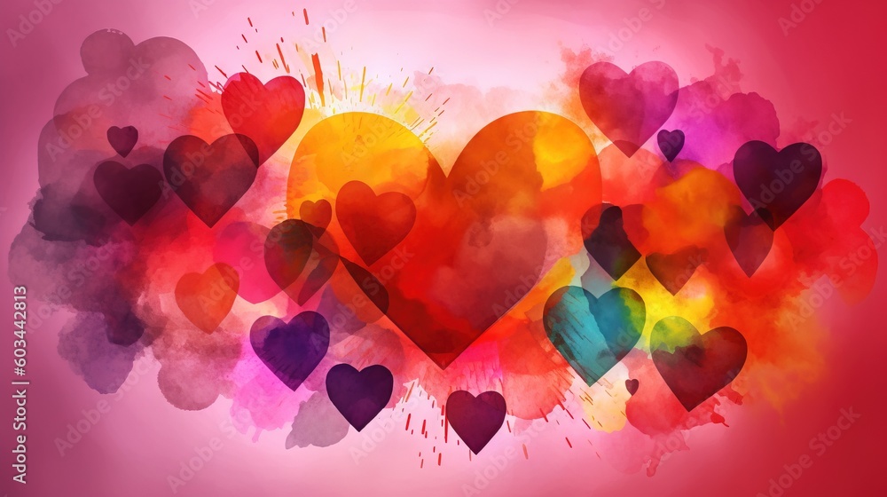 Poster a bunch of hearts that are painted in different colors and shapes on a pink background with a splash