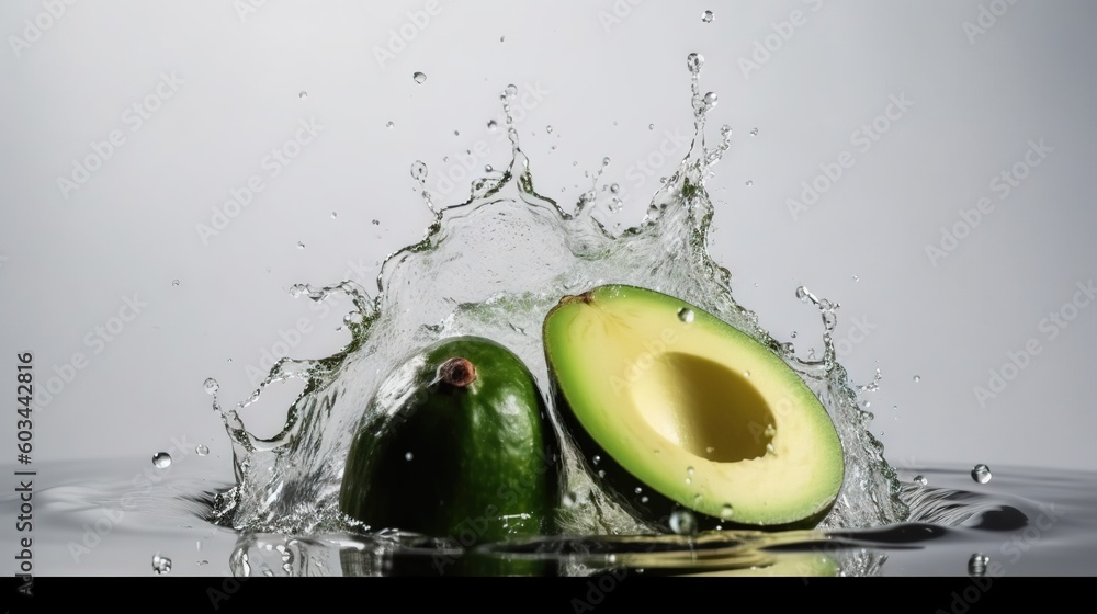 Poster an avocado is splashing into the water with a slice of fruit on the side of the water and the whole 