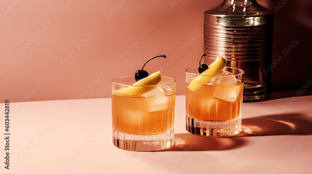 Poster a couple of glasses filled with drinks on top of a table next to a can of soda and a can of soda and
