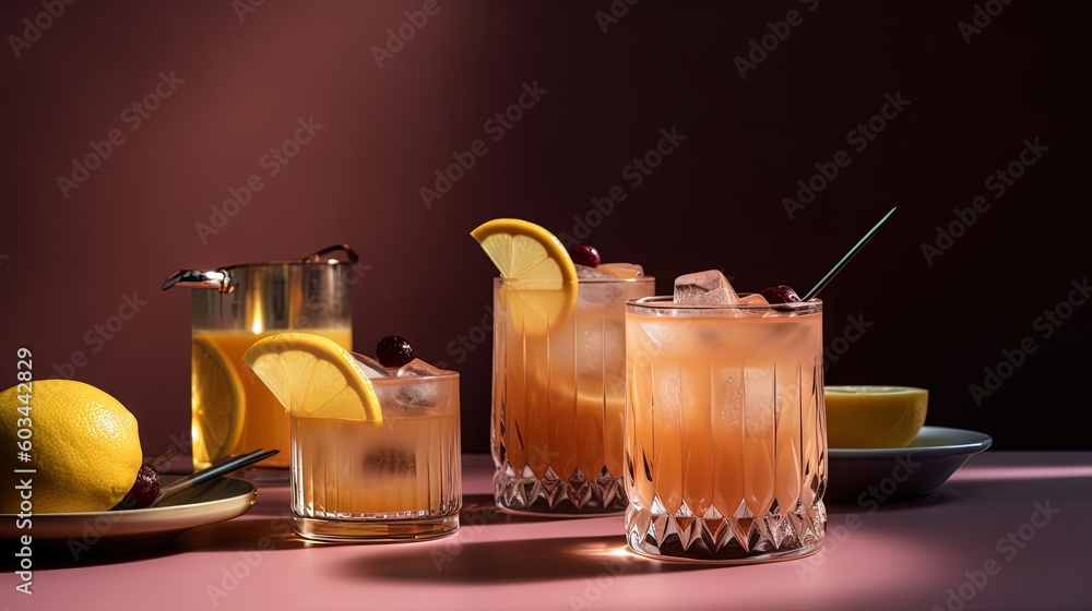 Poster  a table topped with glasses filled with different types of drinks and lemons on top of a plate next to a pitcher of lemonade.  generative ai