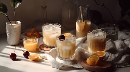  a table topped with glasses of drinks and orange slices on top of a cloth covered table cloth next to a vase with a cherry in it.  generative ai