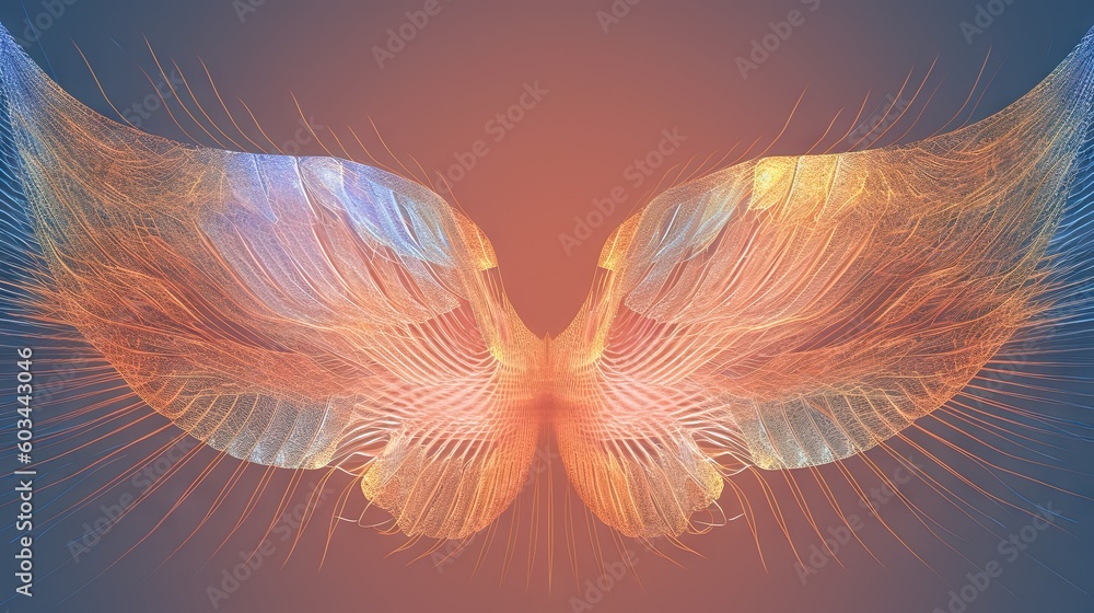 Poster a computer generated image of a wing of a bird or bird of prey, with a blue and red background and a