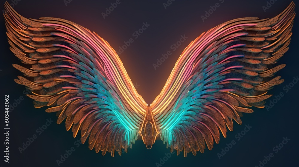 Aufkleber an abstract image of a pair of wings with multicolored lines on a black background with a blue back 