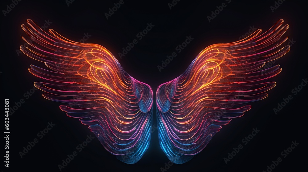 Poster an abstract image of a pair of wings with neon colors on a black background with a black background 