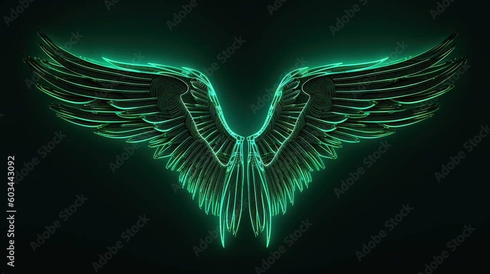 Poster a neon green bird with wings spread out on a black background with a black background and a green ba
