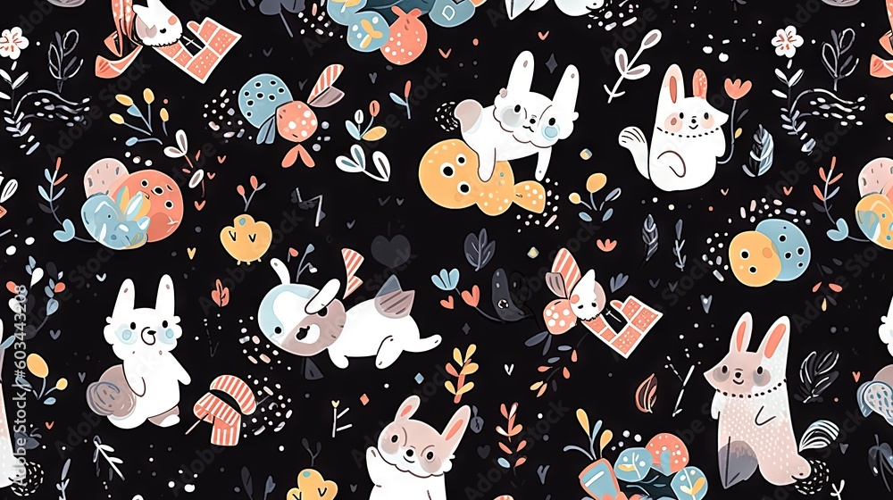 Poster a pattern of rabbits and flowers on a black background with a white rabbit on the left side of the i