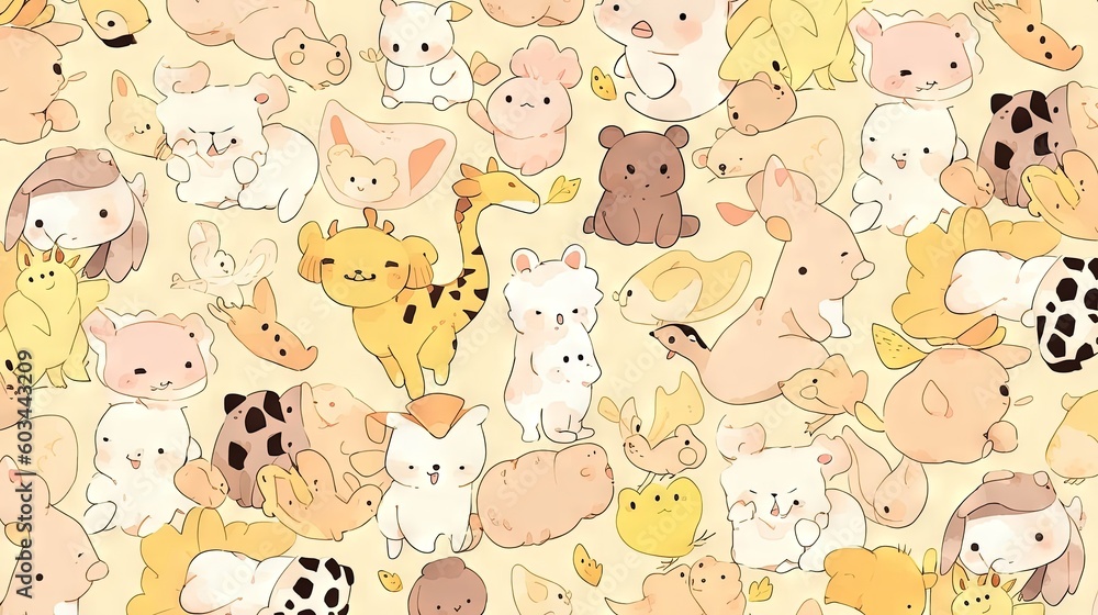 Poster a lot of different animals that are on a yellow background with a black spot on the bottom of the pi