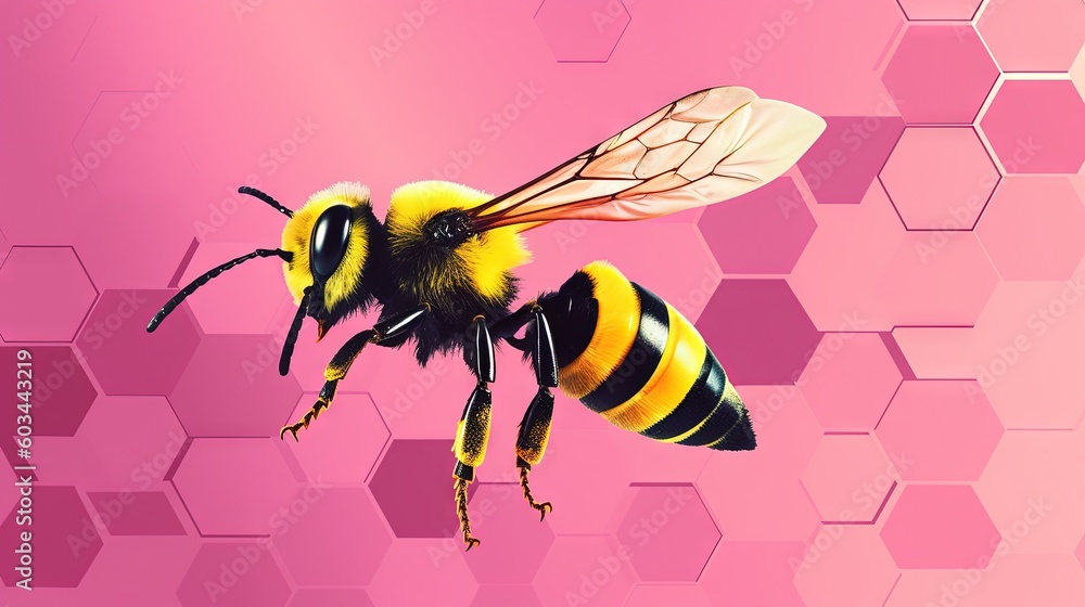 Poster  a bee flying over a pink background with hexagons and hexagons in the backgroup of the image.  generative ai