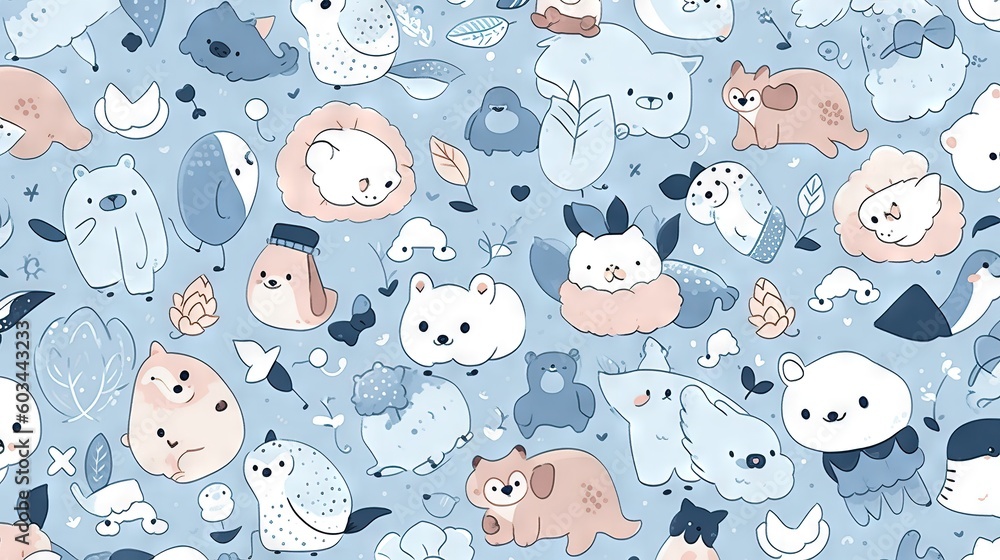Poster a blue and white background with many different types of animals and fish on it's sides and a blue b