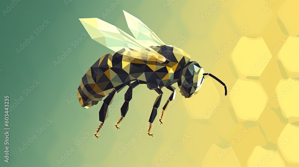 Poster a bee flying through the air with a honeycomb in the background of the image in the foreground, and 