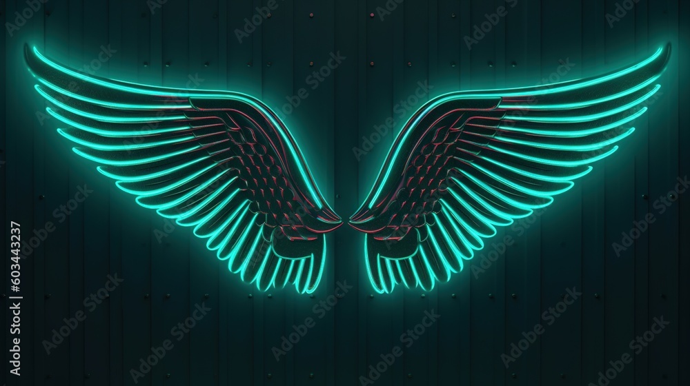 Poster a neon sign with a pair of wings on the side of a building with a dark wall in the background and a 