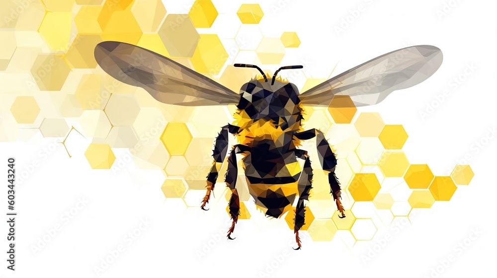 Poster a bee with a yellow and black pattern on it's back and a white background with hexagons in the back 