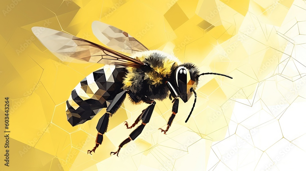 Poster a close up of a bee on a yellow and white background with a geometric pattern in the middle of the i