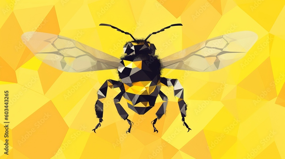 Poster a bee with a geometric pattern on it's body and wings, on a yellow background with a low polygonic e