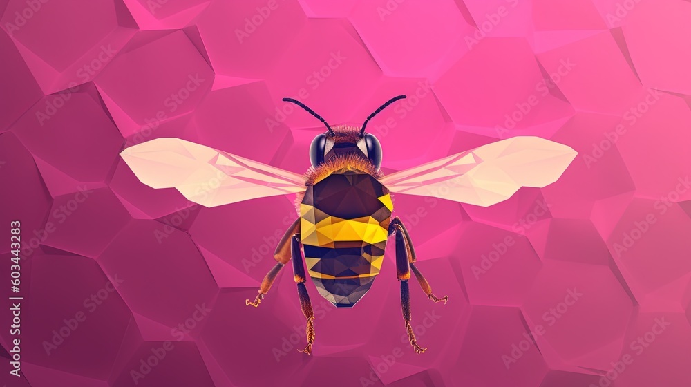 Poster  a bee on a pink background with a yellow stripe on it's chest and wings, with a pink background behind it, and a pink background with hexagonal shapes.  generative ai