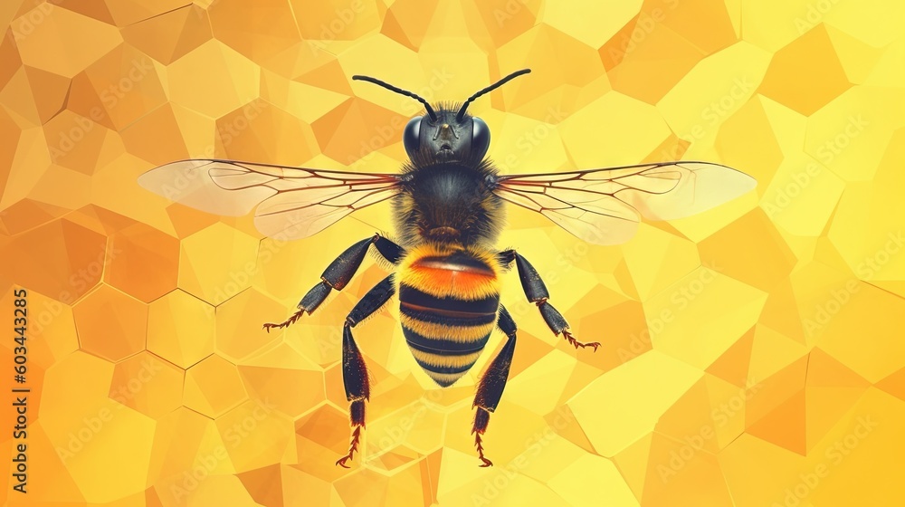 Poster a bee is shown on a yellow and orange mosaic background with hexagonal shapes in the foreground and 