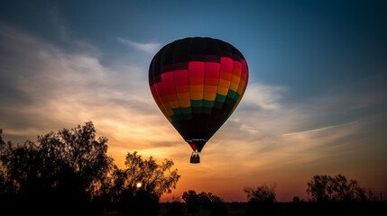 Obraz premium Hot air balloons in the sky at sunset, sun, clouds, trees, nature… Colored hot air balloons. Image generated by AI.
