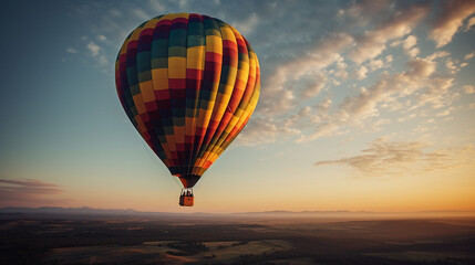 Fototapeta na wymiar Hot air balloons in the sky at sunset, sun, clouds, trees, nature… Colored hot air balloons. Image generated by AI.