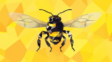  a bee with a geometric pattern on it's body and wings, on a yellow background with a low polygonic effect to the bottom.  generative ai