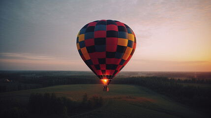 Obraz premium Hot air balloons in the sky at sunset, sun, clouds, trees, nature… Colored hot air balloons. Image generated by AI.