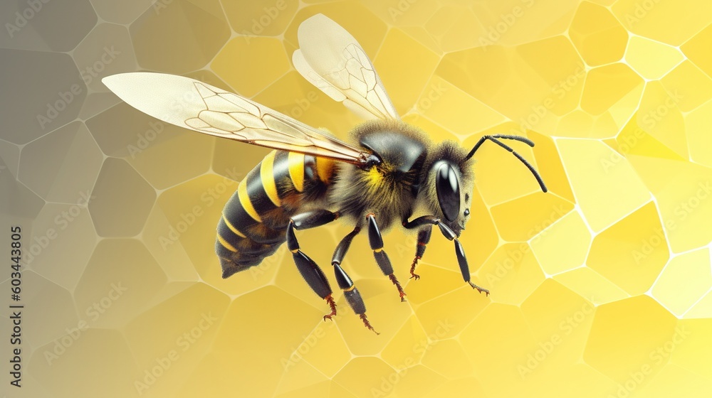 Poster a bee is flying on a yellow and yellow background with hexagonal shapes and hexagonal shapes in the 