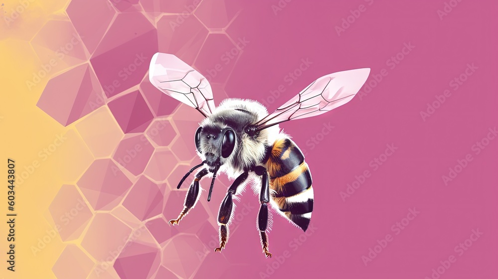 Poster a bee flying over a pink background with hexagonal shapes in the background and a yellow and black s