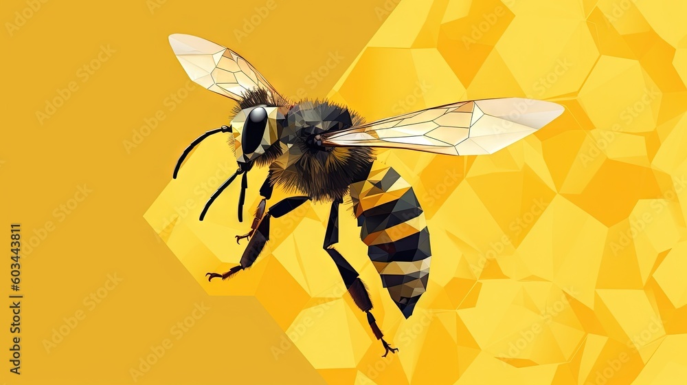 Poster a close up of a bee on a yellow and black geometric background with a yellow triangle in the middle 