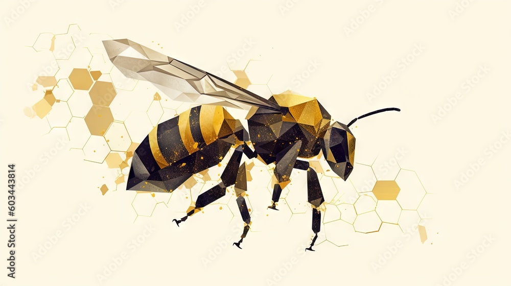 Poster a bee is flying in the air with honeycombs in the background and honeycombs in the foreground with h