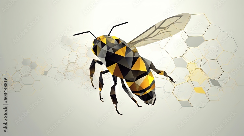 Poster a yellow and black bee on a white background with hexagonal hexagonals around it and hexagonals in t