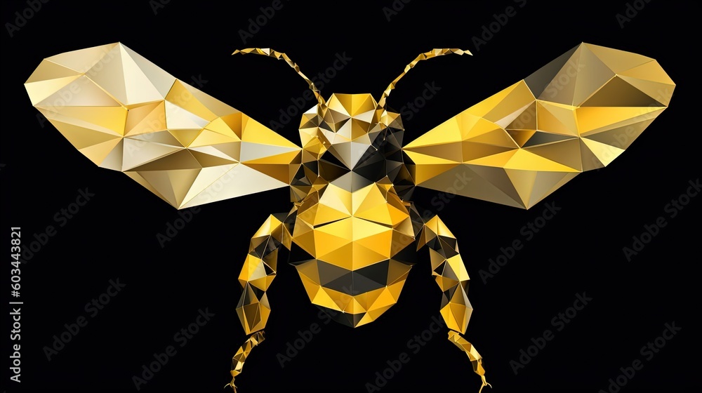 Poster a golden bee made up of triangles on a black background with a black background and a black backgrou