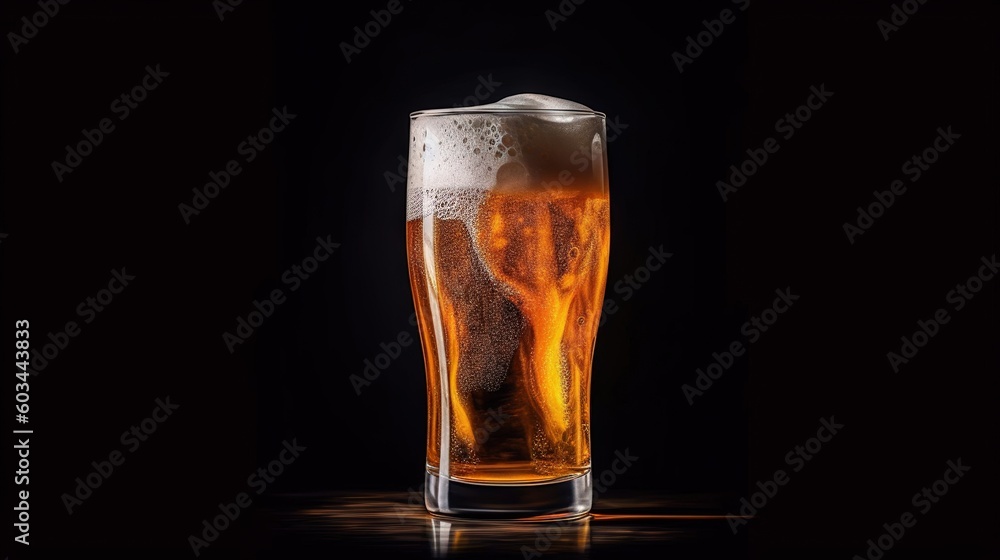 Poster a tall glass of beer with ice on a black background with a reflection of light on the bottom of the 