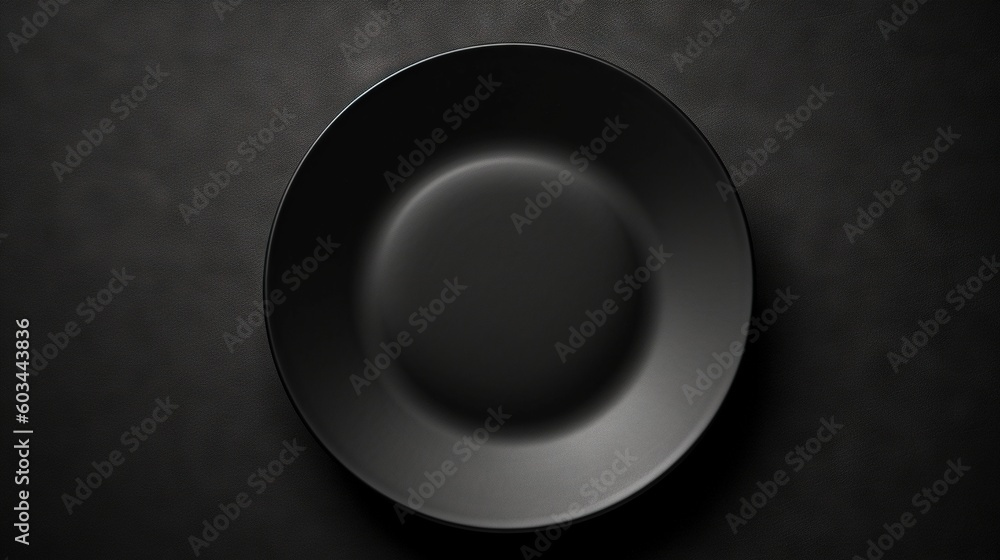 Poster a black plate on a black table with a black background and a white spot in the middle of the plate i
