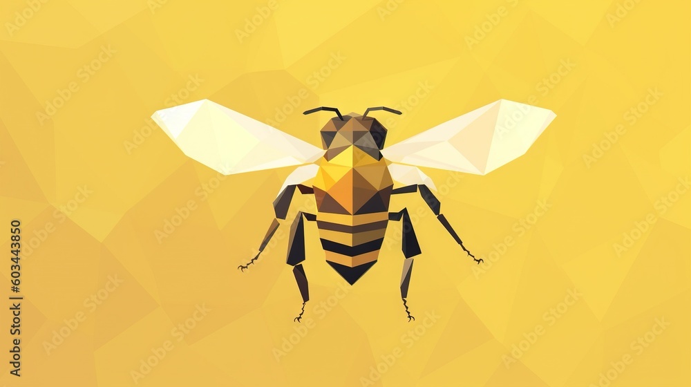 Poster a bee with a geometric pattern on it's back and a yellow background with a low polygonic design of a