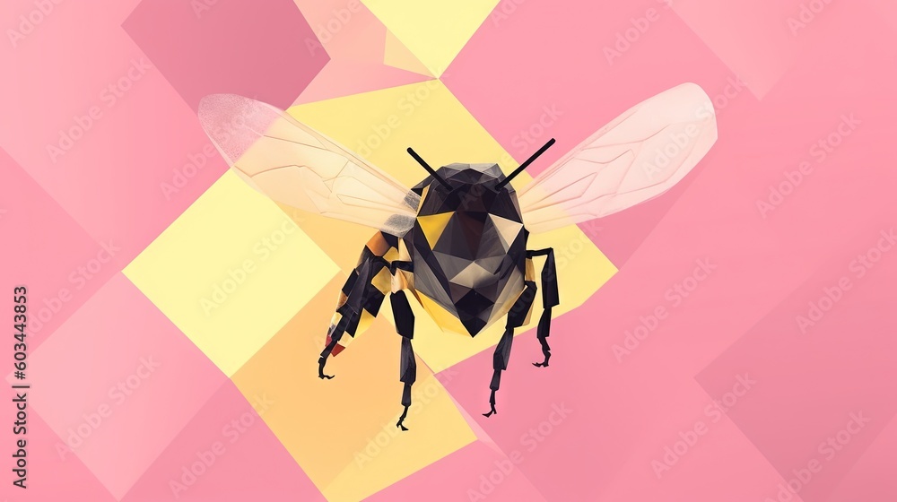 Poster a bee on a pink and yellow background with a geometric pattern in the middle of the image and the be