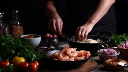 Obraz na płótnie Canvas Küchenkunst: Ein professioneller Koch zaubert mit frischen Shrimps