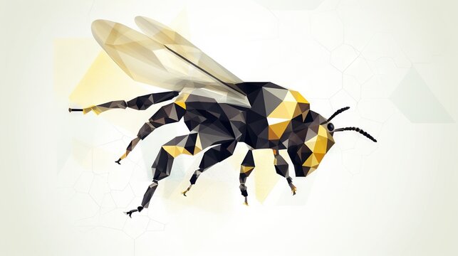  a bee with a geometric pattern on its body and wings is shown in the foreground of the image, with a white background behind it.  generative ai