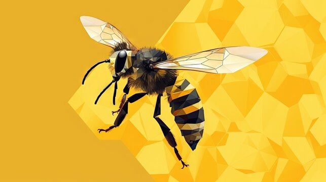  a close up of a bee on a yellow and black geometric background with a yellow triangle in the middle of the image and a black and white striped bee on the front of the.  generative ai