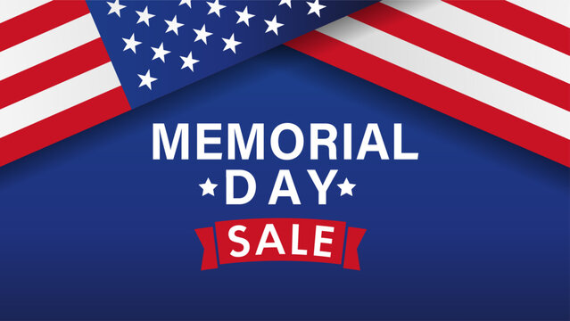 Memorial Day sale banner with flag and ribbon. Celebration design for American holiday with USA flags and promotion text on blue background. Vector illustration