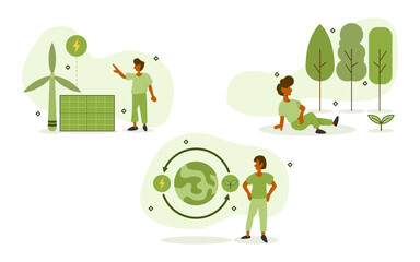ESG, green energy sustainability illustration set. produce electric power with windmill and solar energy panels. renewable energy and nature cycle. nature rejuvenation. Clean energy concept vector.