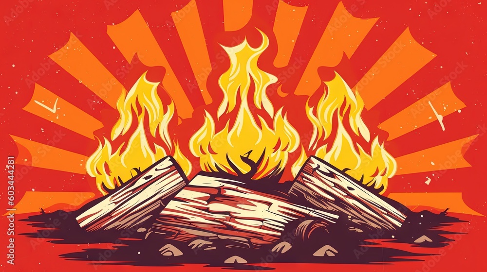 Poster an illustration of a burning log in the middle of a field of grass and rocks with a red background a