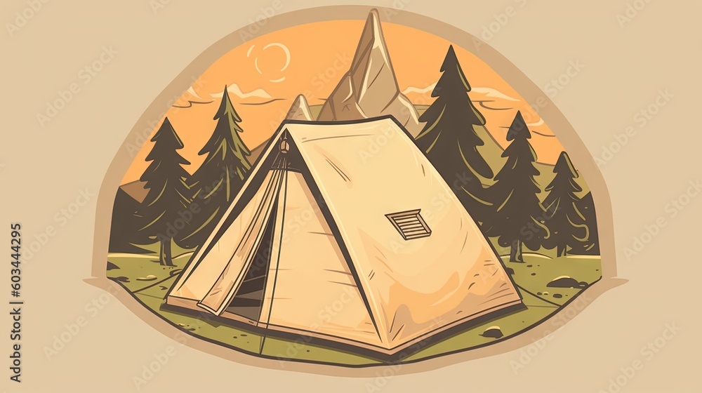 Poster a tent in a field with trees and mountains in the background with an orange sky in the background an