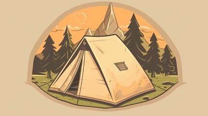  a tent in a field with trees and mountains in the background with an orange sky in the background and a yellow circle with a brown outline.  generative ai