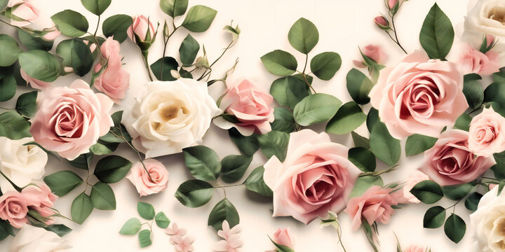 white floral background with pink and white roses